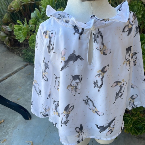 🌈 H&M Baby Shirt Blouse Sz 18/24M Bunny Rabbits White Gold Black EASTER - Picture 3 of 8